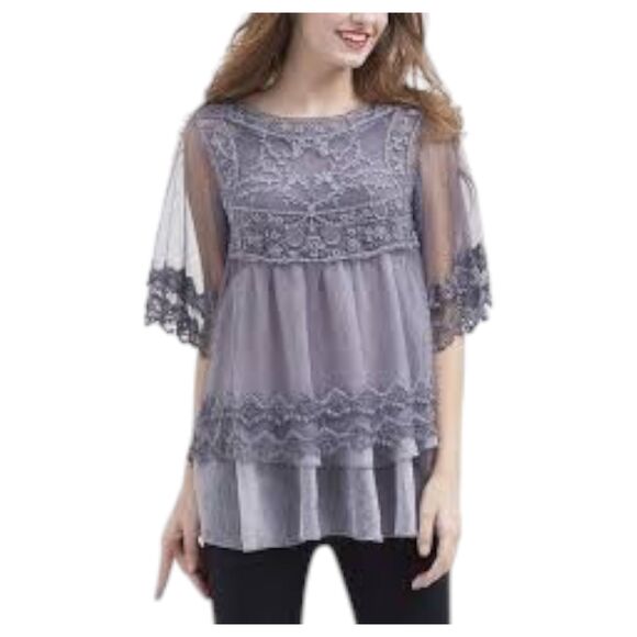 Flowy Lagenlook Tiered Lace Mesh Semi Sheer Layered Blue Blouse Size Medium - Picture 2 of 8